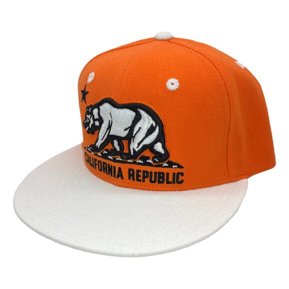 Orange White California Republic Cali Bear Flag Flat Bill Snapback Cap Hat - Picture 3 of 4